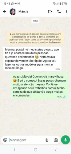 Depoimento de Márcia: postou o cesto no status e já apareceram duas pessoas querendo encomendar, agora vai fazer os outros modelos para montar o catálogo.